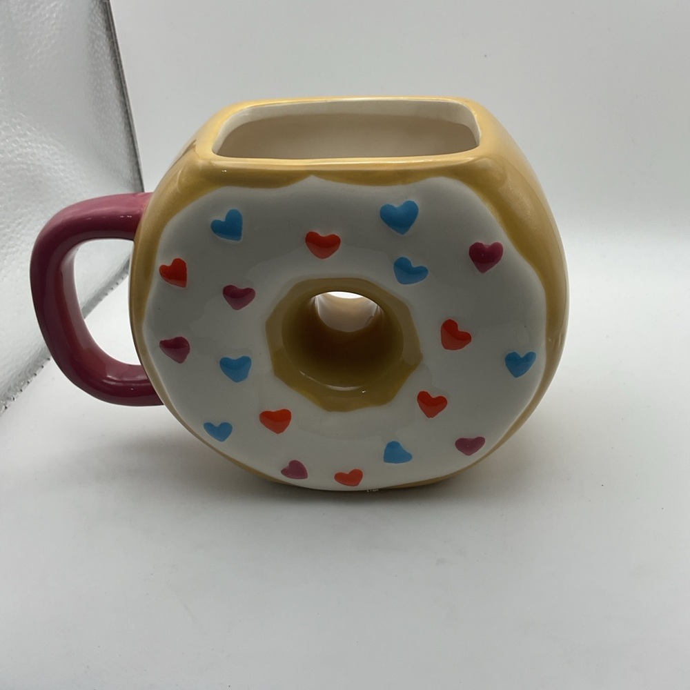 Donut Coffee Mug Hearts Valentine Pink Handle Cute Ceramic Cup